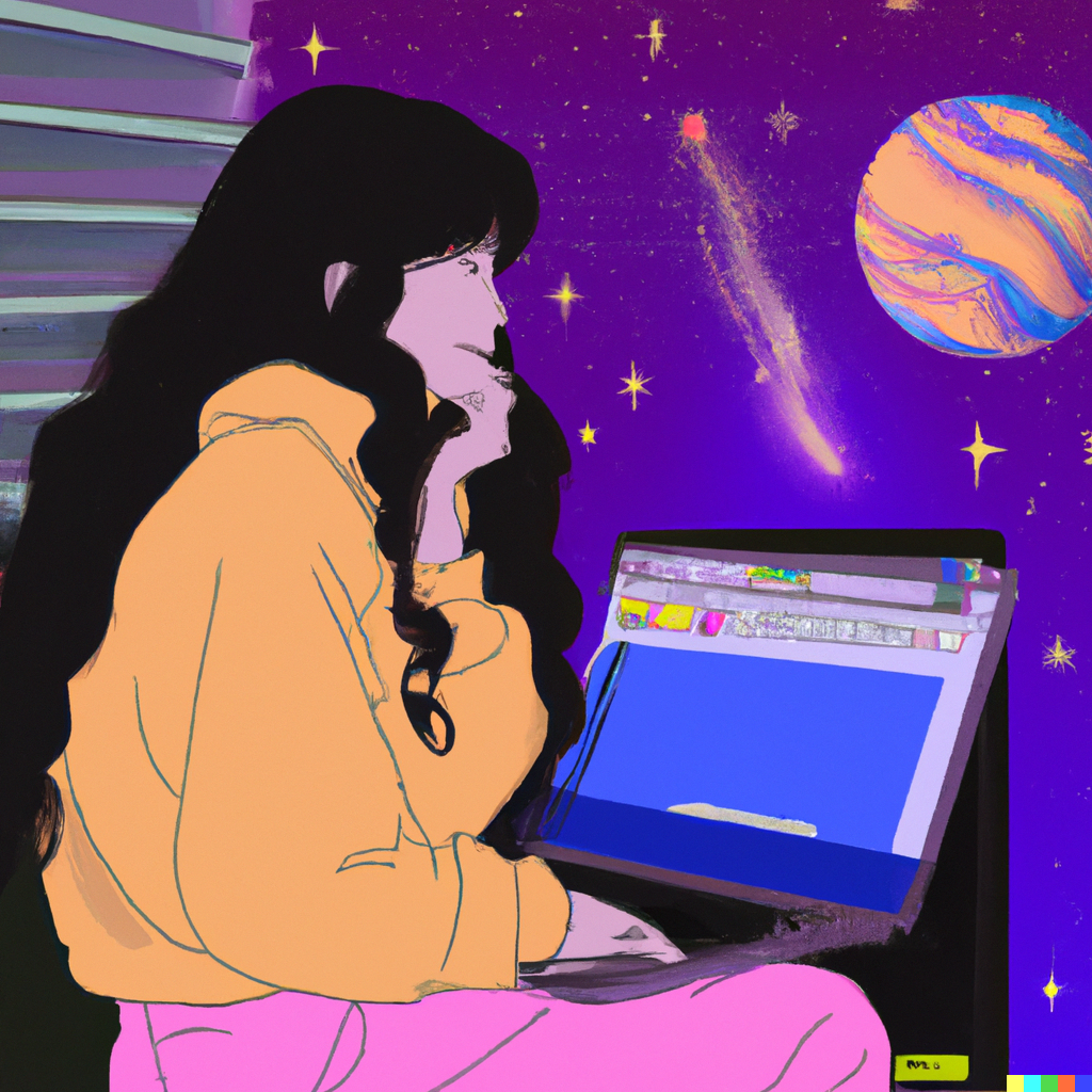 illustration of a woman with wavy hair on a laptop in space